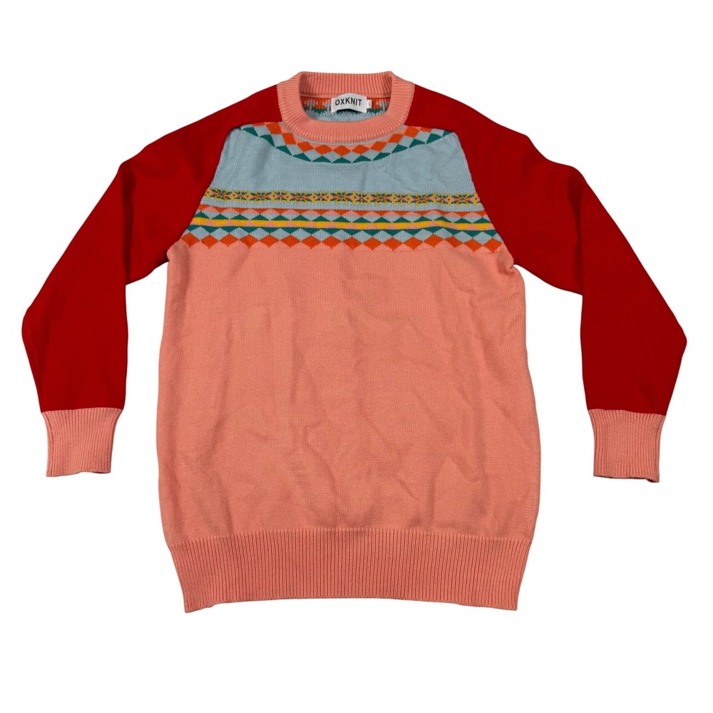 OXKNIT Womens Colorblock Fair Isle Sweater Peach Red Geometric Knit Pullover L